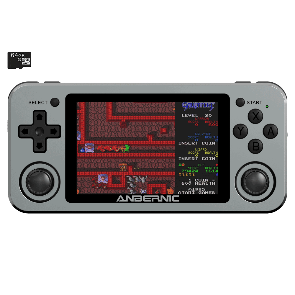 RG351M Space Grey Retro Gaming Handhelds - Présentation de l'avant avec jeu rétro