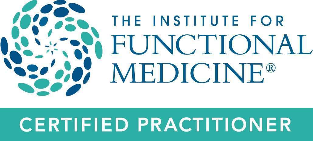 Logo of the institute for functional medicine in Idaho featuring a circular motif with leaf-like elements and the text "certified practitioner".