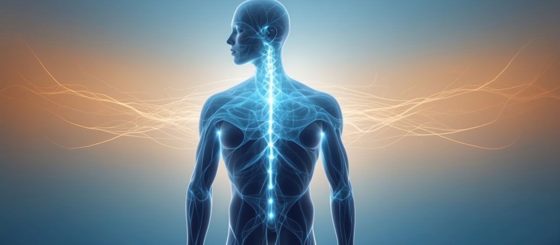 Human body anatomy with glowing energy lines on blue background. 3D rendering