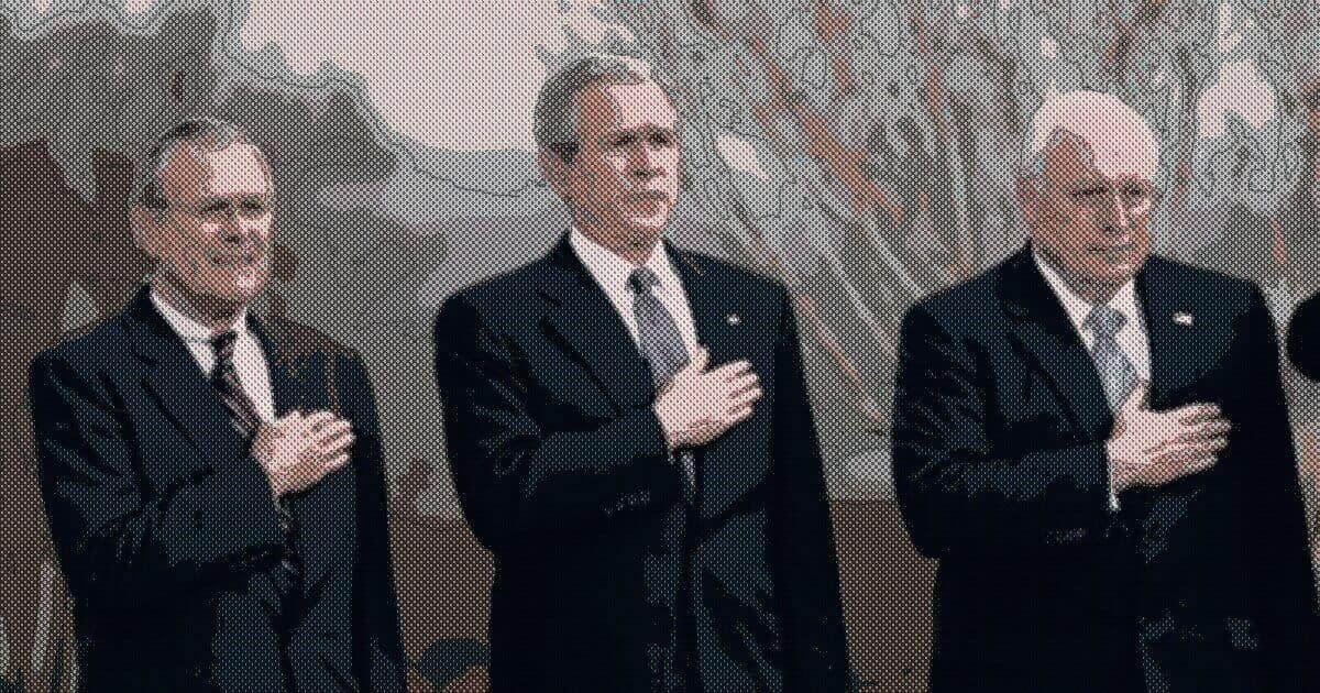 The New World of Terror: Rumsfeld, Bush, and Cheney, hand on their heart during the US national anthem.
