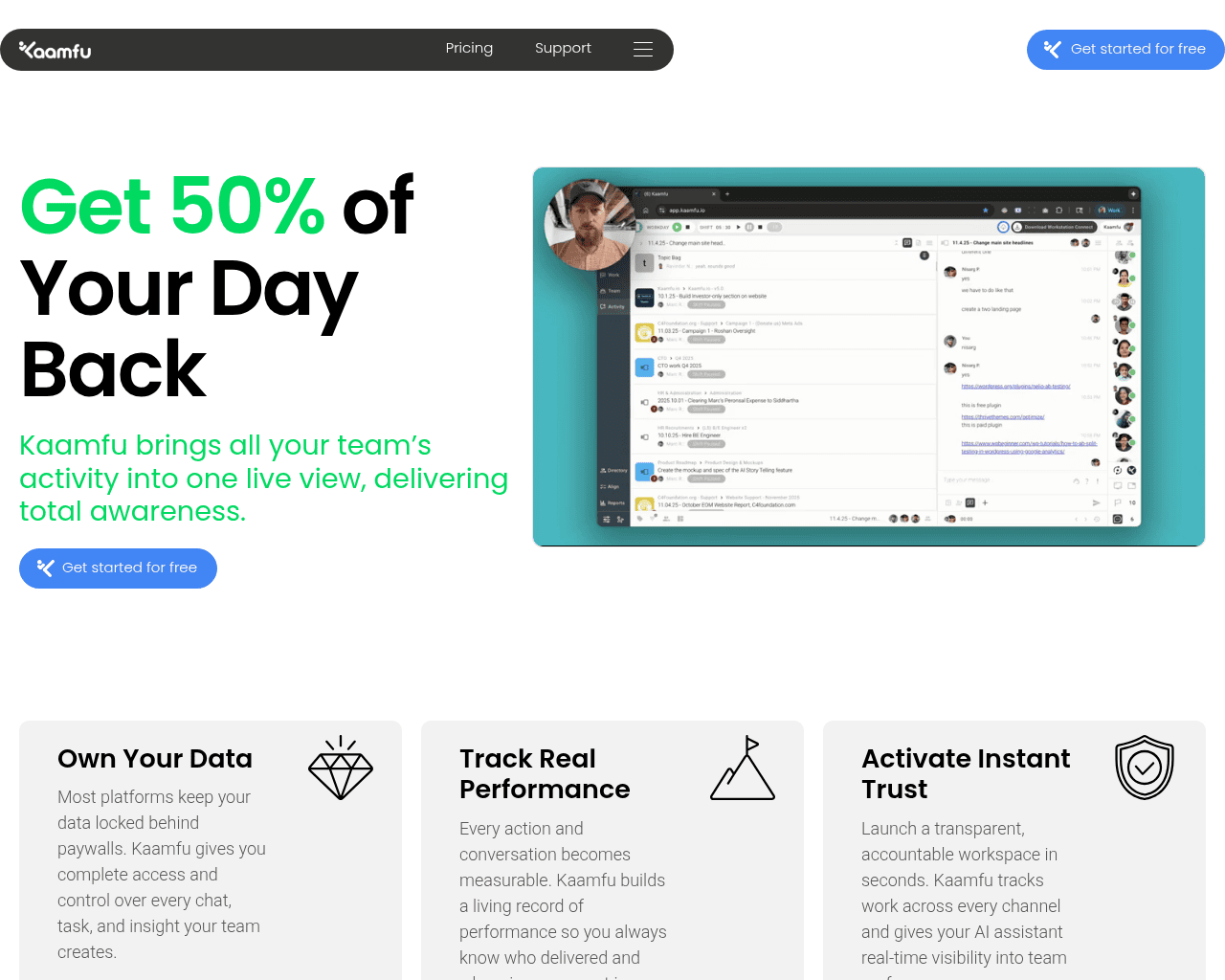 Screenshot of Kaamfu AI tool showcasing its features for enhancing team productivity and collaboration in business.