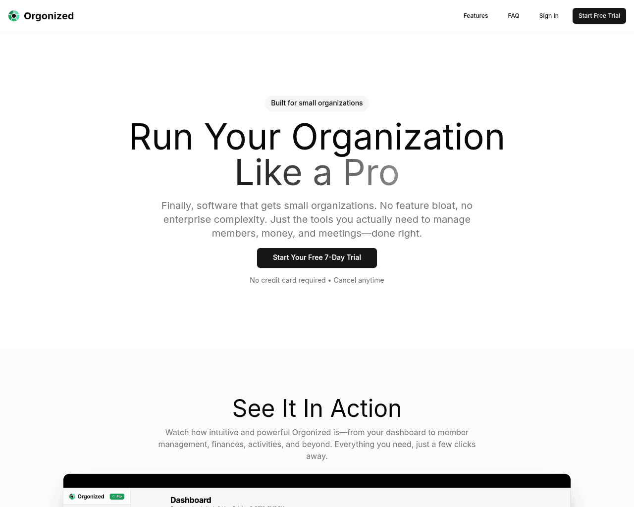 Screenshot of Orgonized AI tool, a mobile-first platform for managing small organizations efficiently and simply.