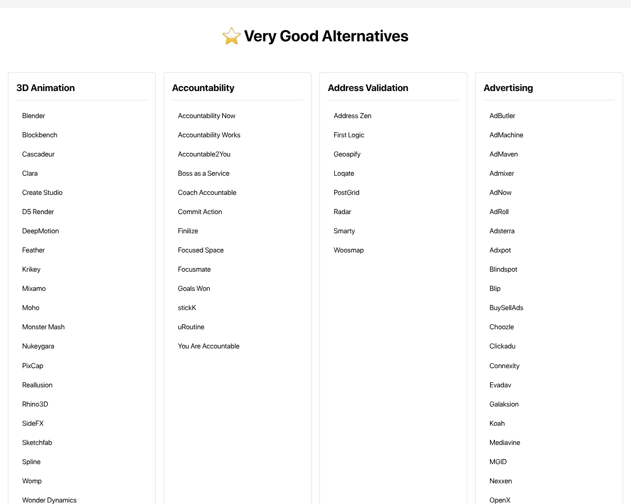 Screenshot of Very Good Alternatives AI tool for discovering and comparing digital tools and software.