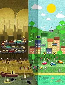 Pathways to a Post-Capitalist World: Picture representing on the left a over-polluted world from which people escape to right in a much more peaceful and healthy world.