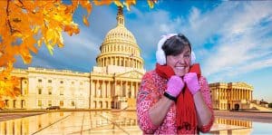 A participant is "chilly" outside the Capitol building in this Washington, DC green screen photo booths