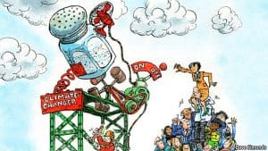 Cartoon figuring the paradox of technological control of climate change: officials and scientists are piling up in a heap to try to catch the joystick controlling a giant salt shaker.