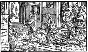 Sixteenth century English woodcut of a vagabond led to the gallow. Vagrancy was a criminal offense by then.