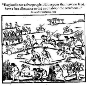 English woodcut from the 15th century showing peasants working on their commons