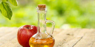 Apple Vinegar Glass Bottle With Cork Fresh Red Apple Old Wooden Boards (1)