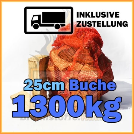 1300kg Brennholz Buche 25cm geliefert in 15kg Netzsäcke