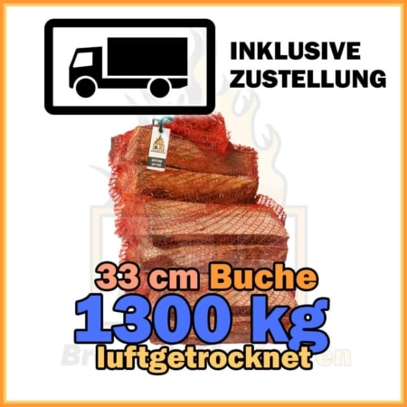 1300 kg heizwertiges Buchenholz 33 cm Kaminholz im Netzsack luftgetrocknet