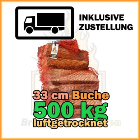 500 kg heizwertiges Buchenholz 33 cm Kaminholz im Netzsack luftgetrocknet
