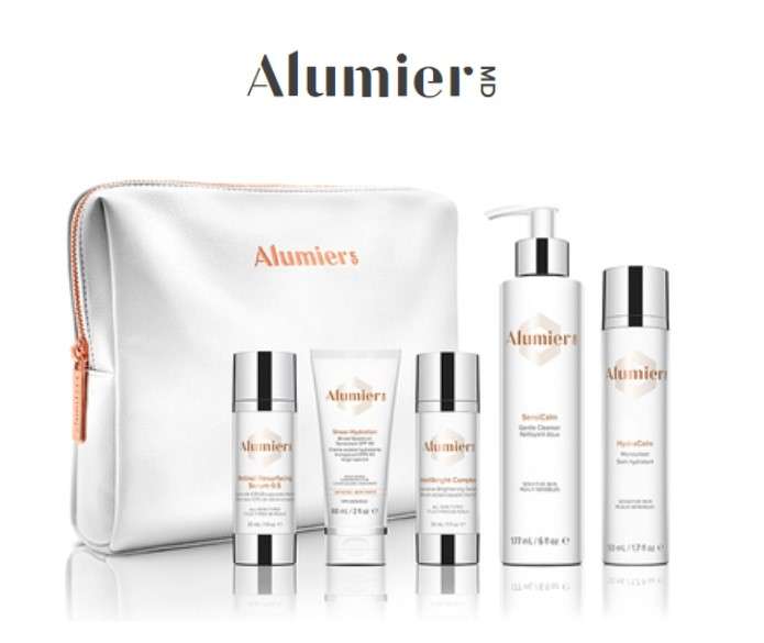 Alumiermd skincare products displayed with a branded cosmetic bag in Boise.