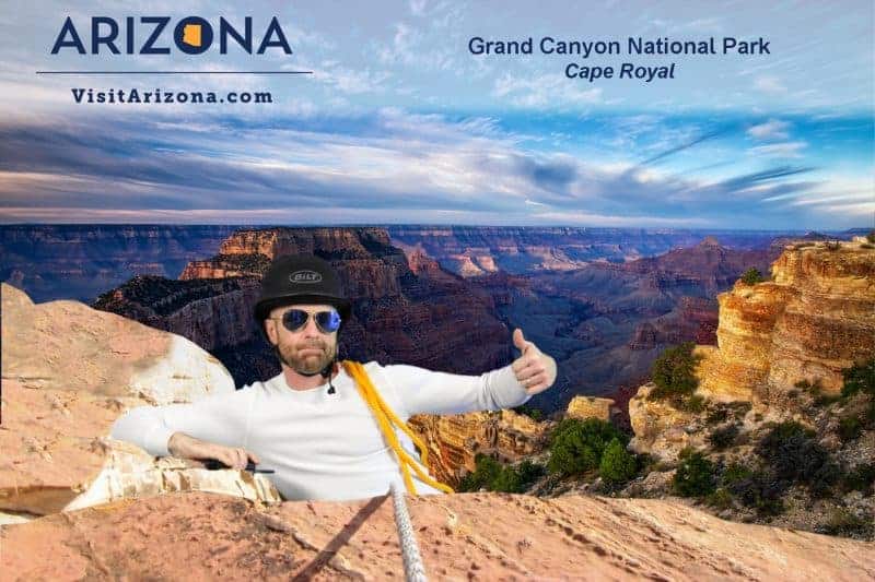A participant "climbs" the Grand Canyon for this Phoenix Green Screen Photo Booth experience.