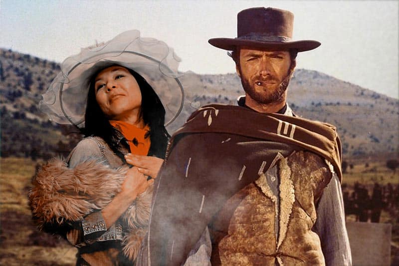 Nashville green screen photo booth with a participant "posing" with Clint Eastwood in the Good, the Bad, and the Ugly.
