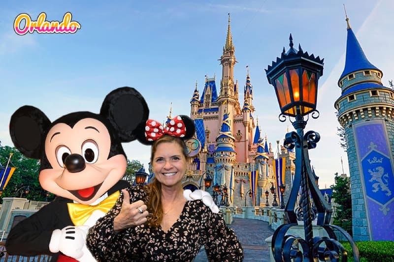 A participant meets Mickey Mouse at this Orlando green screen photo booth experience.