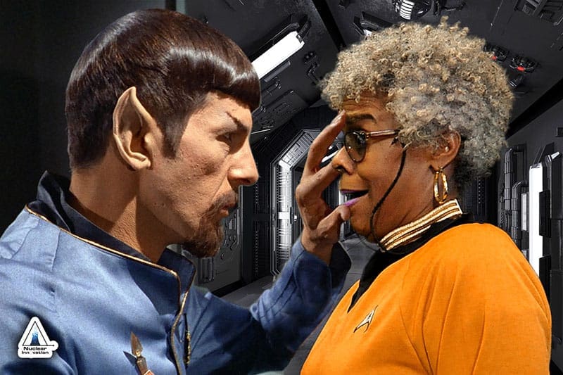 A particant joins the famous "mind meld" with Spock for this iconic Charlotte green screen photography image.
