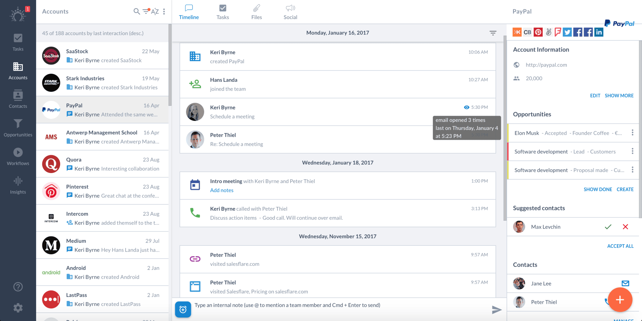 email opens shown on emails in the account timeline in salesflare