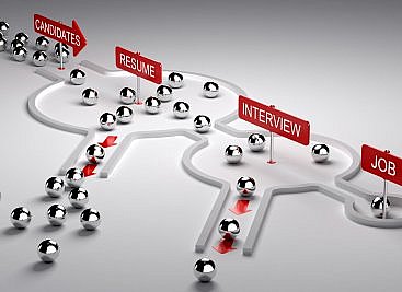 3D illustration of candidates recruitment process. Applicants enters by the left then pass three steps resume, interview and finaly get the job, horizontal image