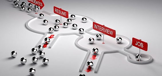 3D illustration of candidates recruitment process. Applicants enters by the left then pass three steps resume, interview and finaly get the job, horizontal image