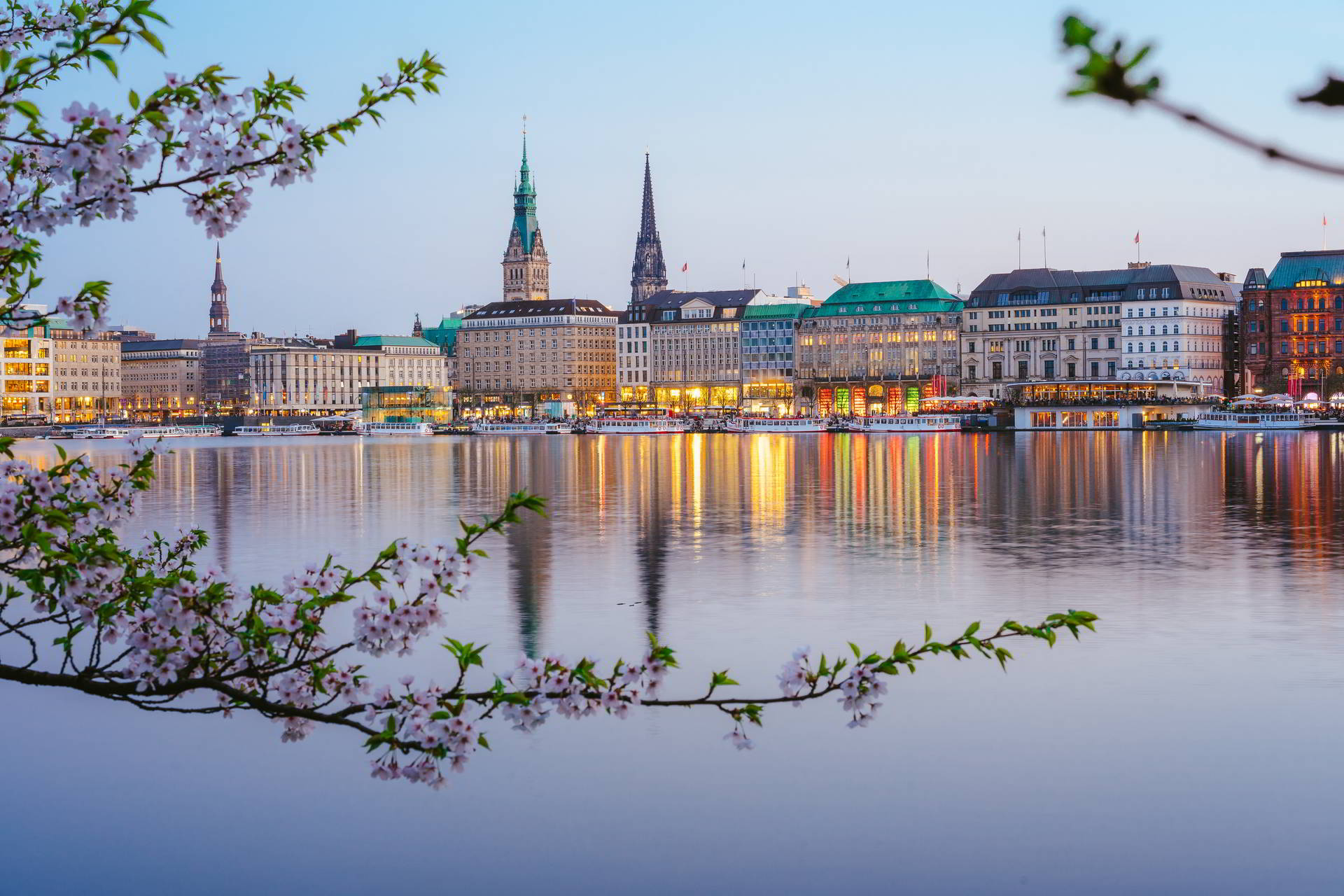 beautiful panoramic view calm alster river with hamburg town hall rathaus behind