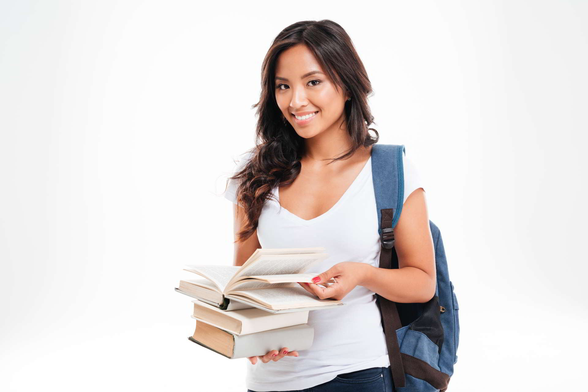 happy joyful asian teenager holding books backpack isolated white background