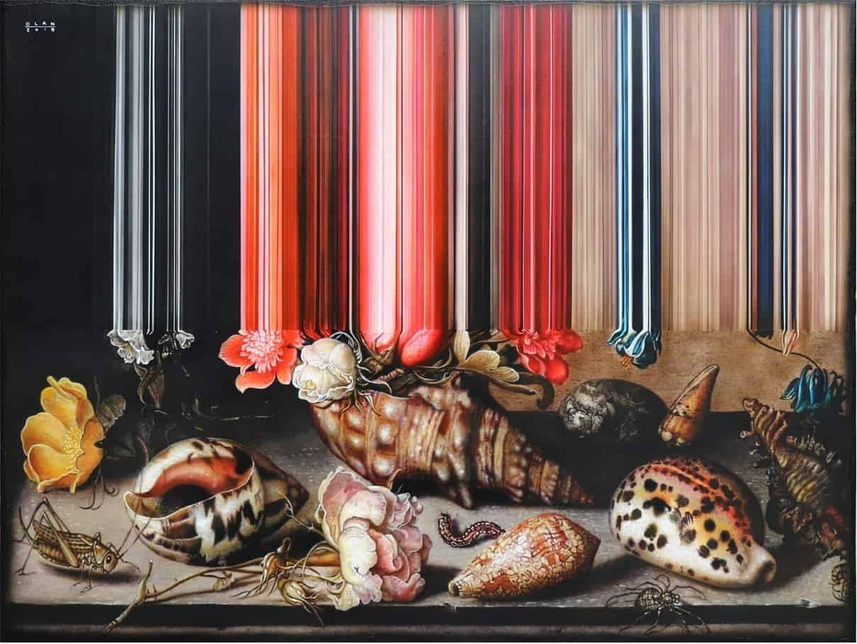 Still Life of Flowers, Shells and Insects” (2019), acrylic on canvas, 76.2 x 101.6 cm. All images courtesy of the artist, the Working Animals Art Projects and Yavuz Gallery