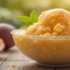 Passion-Fruit-Sorbet-A-Sweet-and-Tangy-Tropical-Dessert-featured-image-passion-fruit-sorbet-in-glass-dish-with-half-a-passion-fruit-to-the-side frosted-fusions