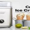 Cuisinart-ICE-30BC-Ice-Cream-Maker-A-Detailed-Review-featured-image-637x1920w-front-view-of-cuisinart-ICE-30BC-ice-cream-maker-with-three-ice-cream-cones-standing-in-metal-pots-frosted-fusions