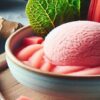 Rhubarb-Ginger-Sorbet-Recipe-–-Light-Spiced-Refreshing-featured image 280x1000w bowl of rhubarb sorbet with fresh root gimger amd rhubarb stalks Frosted-Fusions