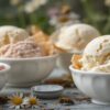 Bee Happy – A Celebration Of Bees, Honey & Ice Cream Featured Image 637x1920w bowls and waffle cones filled with honey with wildflowers and honey bees in background Frosted Fusions