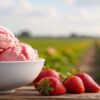 Strawberry Fields To Freezers – Summer’s Best Strawberry Frozen Dessert Recipes Featured Image 637x1920w bowl of strawb ice cream with a strawberry field in the background Frosted Fusions