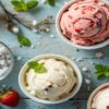 Learn-To-Make-Homemade-Ice-Cream-–-The-Basics-4-Easy-Starter-Recipes-featured-image-637x1920w-top-view-of-different-ice-cream-flavours-note-book-and-fresh-ingredients-Frosted-Fusions