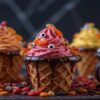 Halloween-Ice-Cream-Treats-Spooky-Scoops-For-Kids-Big-Kids-Too-Featured-Image-Row-of-spooky-monster-cones-and-mini-cauldrons-topped-with-candy-eyes-and-dripping-chocolate- Halloween ice cream ideas-Frosted-Fusions