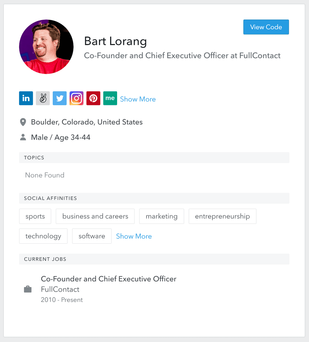 Screenshot of Fullcontact, a smart databse, showing the info of FullContact's CEO, Bart Lorang.