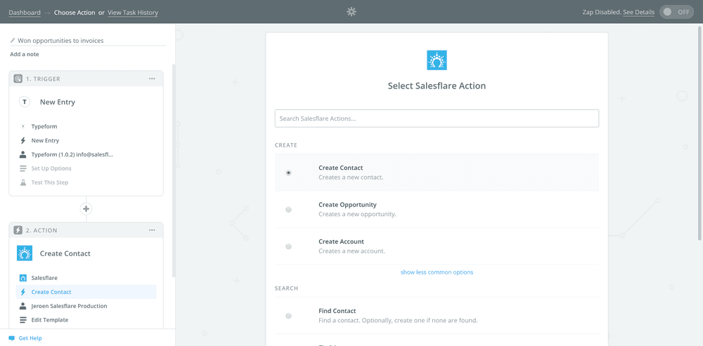 Una captura de pantalla que muestra cómo integrar las herramientas de venta: Typeform conectado con Salesflare