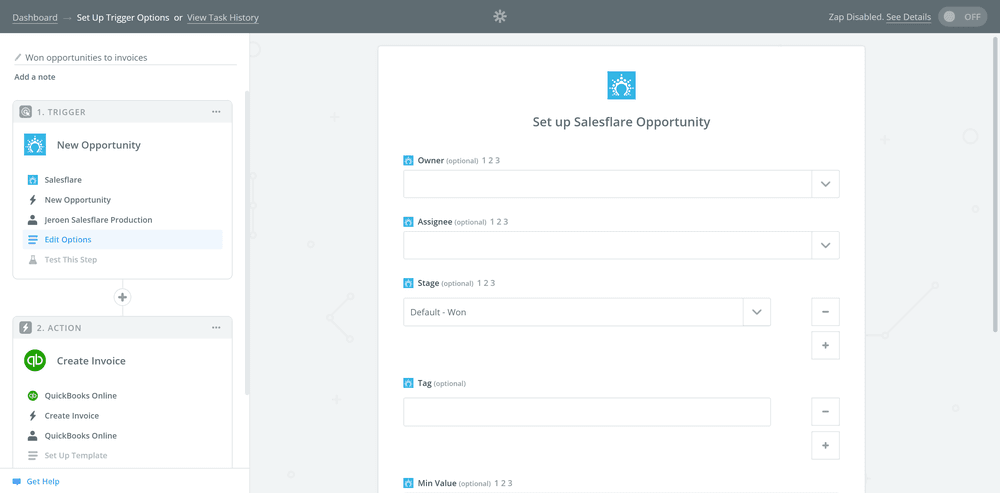 Una captura de pantalla que muestra cómo integrar las herramientas de venta: Salesflare conectado con Quickbooks