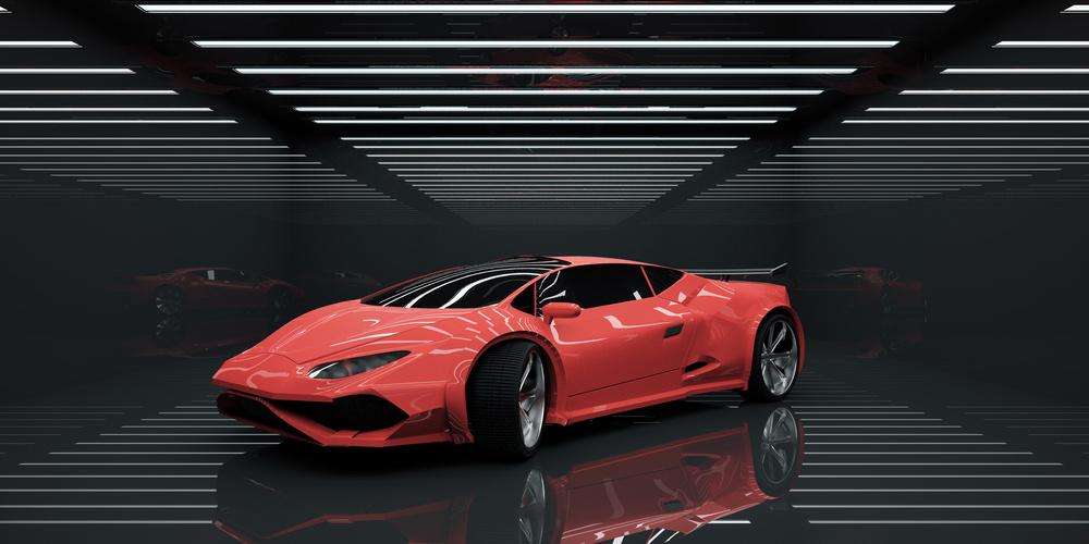 Modern sportscar in abstract illuminated interior. Vehicle concept. 3D Rendering