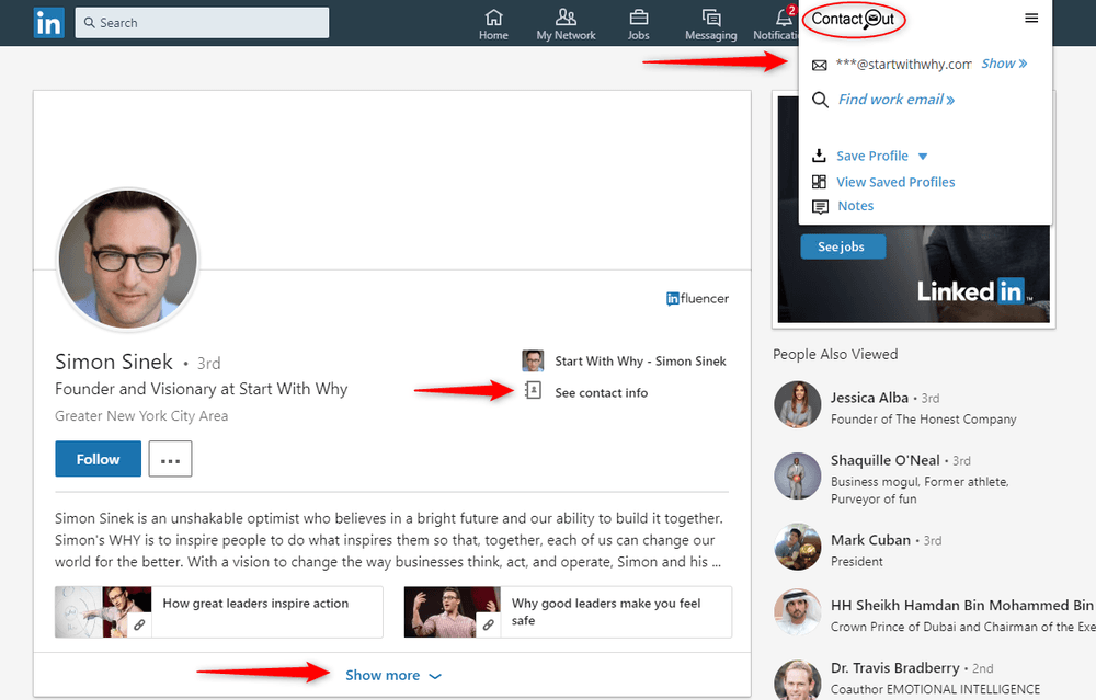 Capture d'écran montrant l'extension ContactOut pour LinkedIn permettant d'atteindre les influenceurs.