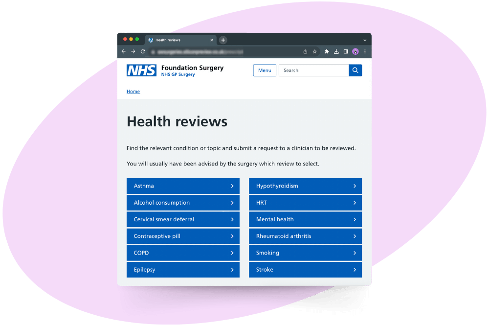 Health Reviews and Questionnaires Online GP Practice Website
