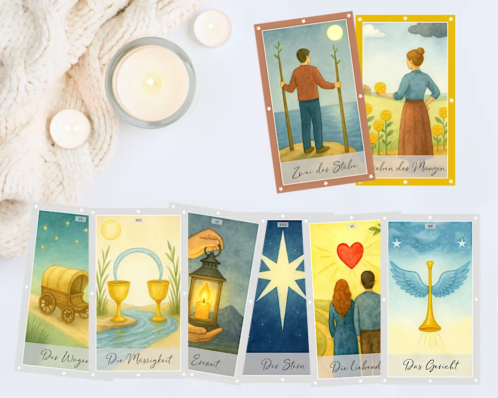 Tarot-Impulse: ansprechend gestaltetes Kartendeck in ruhiger Umgebung mit Kerzenlicht.