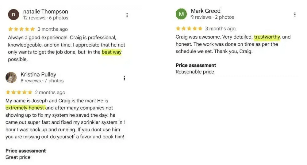 5 star google reviews lake mary sprinkler repair