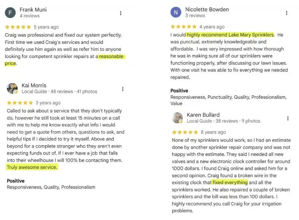 five star reviews Lake Mary Sprinklers