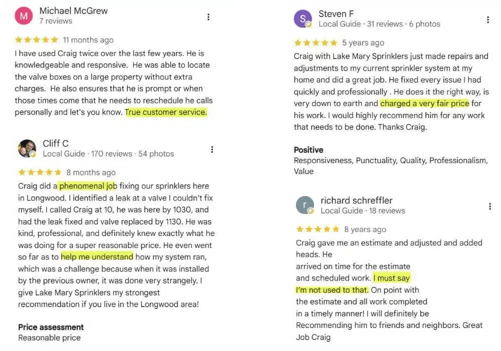Google reviews for Lake Mary Sprinklers