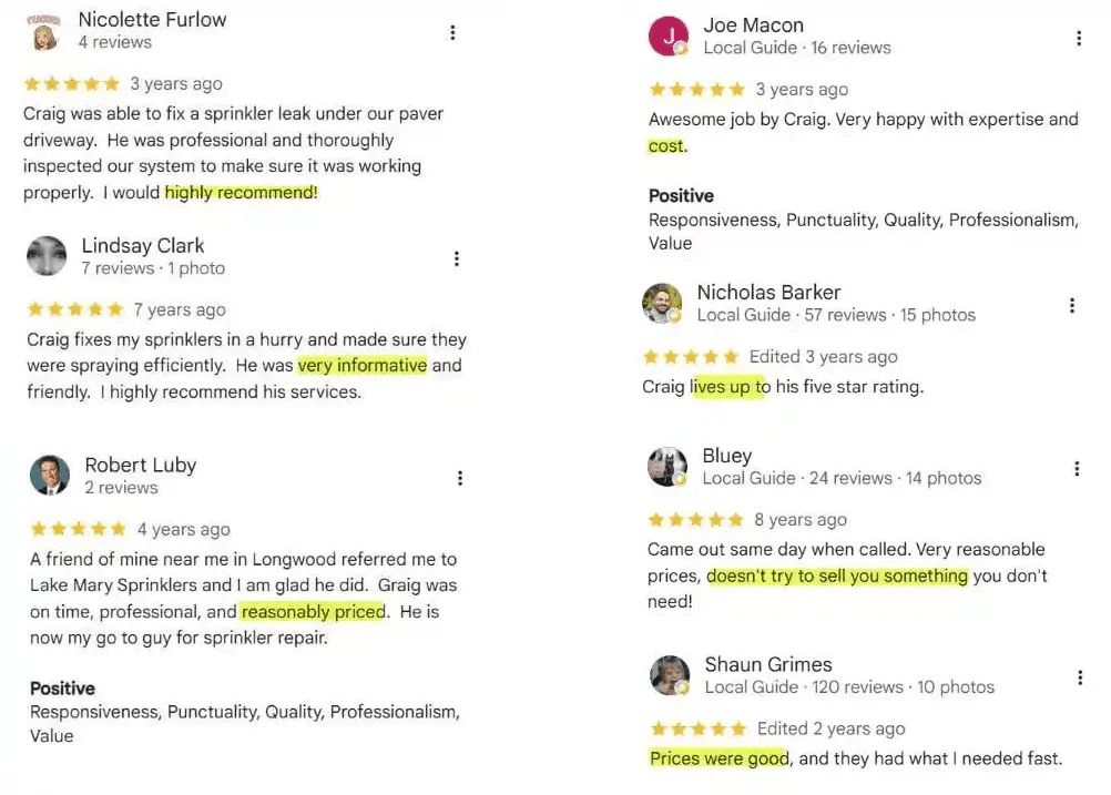 positive reviews for Lake Mary Sprinklers