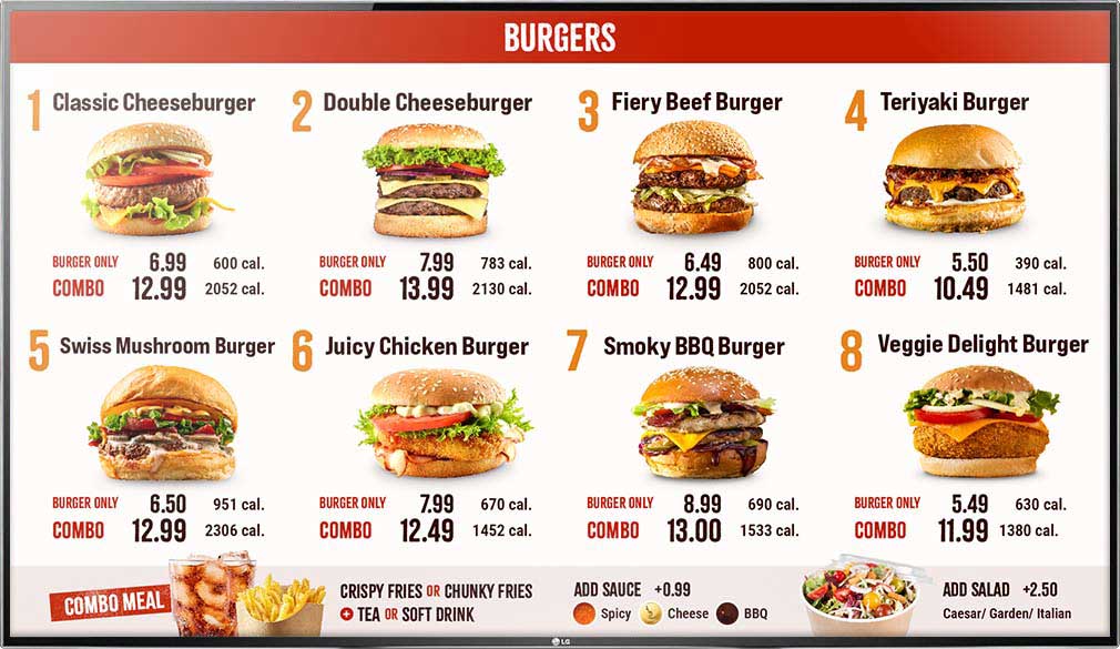 Burger items digital menu board using NexSigns digital signage on LG TV