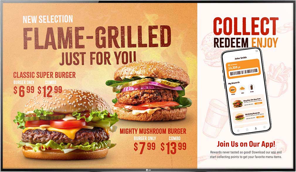 Burger promotion digital menu board using NexSigns digital signage on LG TV