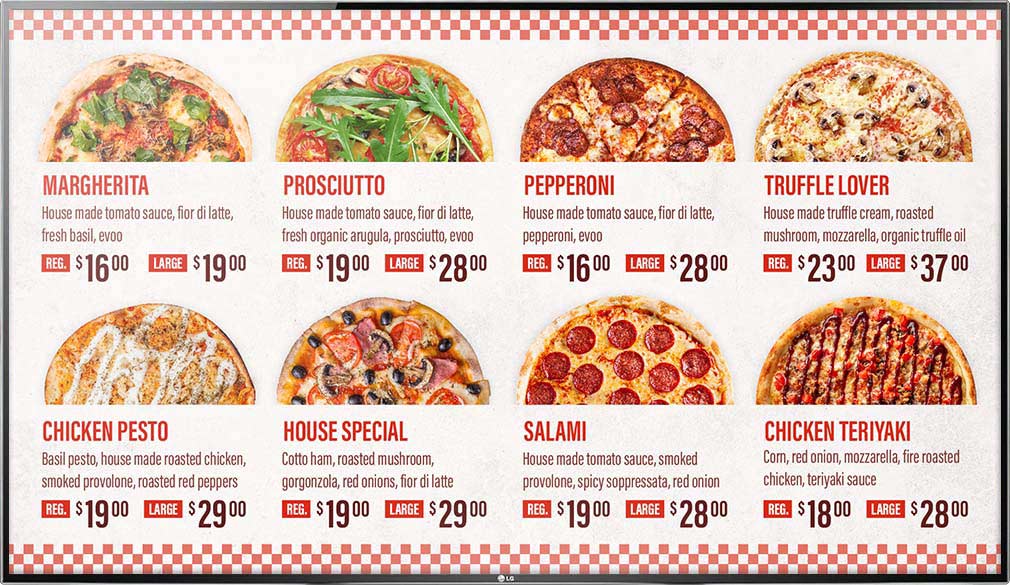 Pizza digital menu board using NexSigns digital signage on LG TV