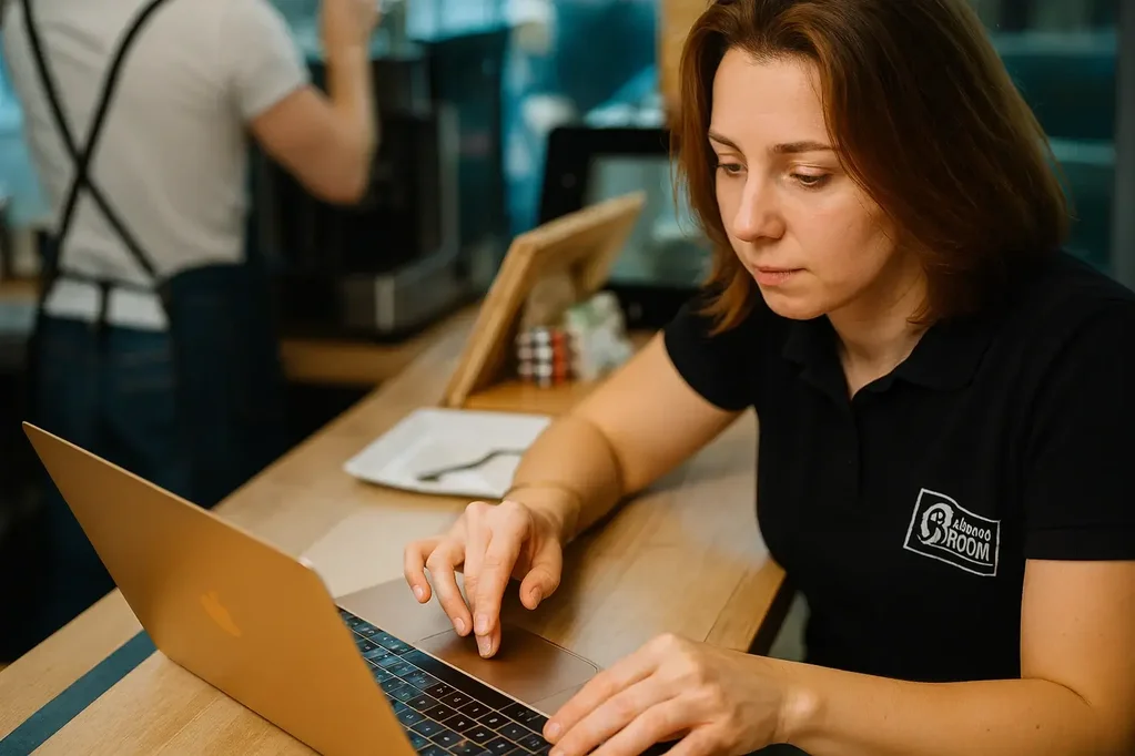 Young woman concentrates on her laptop in a warm, inviting café setting.