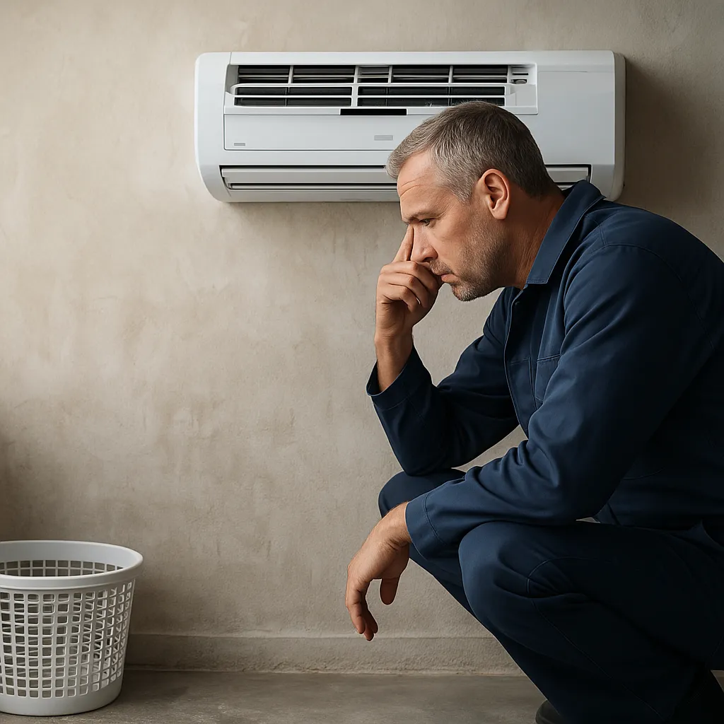 AC technician checking wall-mounted air conditioner for repair issues